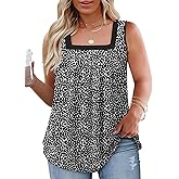 VISLILY Plus-Size-Tank-Tops for Women Summer Trendy Pleated Square Neck Tunics Casual Leopard Printed Sleeveless Shirts