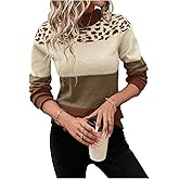 Floerns Women's Leopard Color Block Fall Sweaters Long Sleeve Crew Neck Knit Lightweight Pullover Jumper
