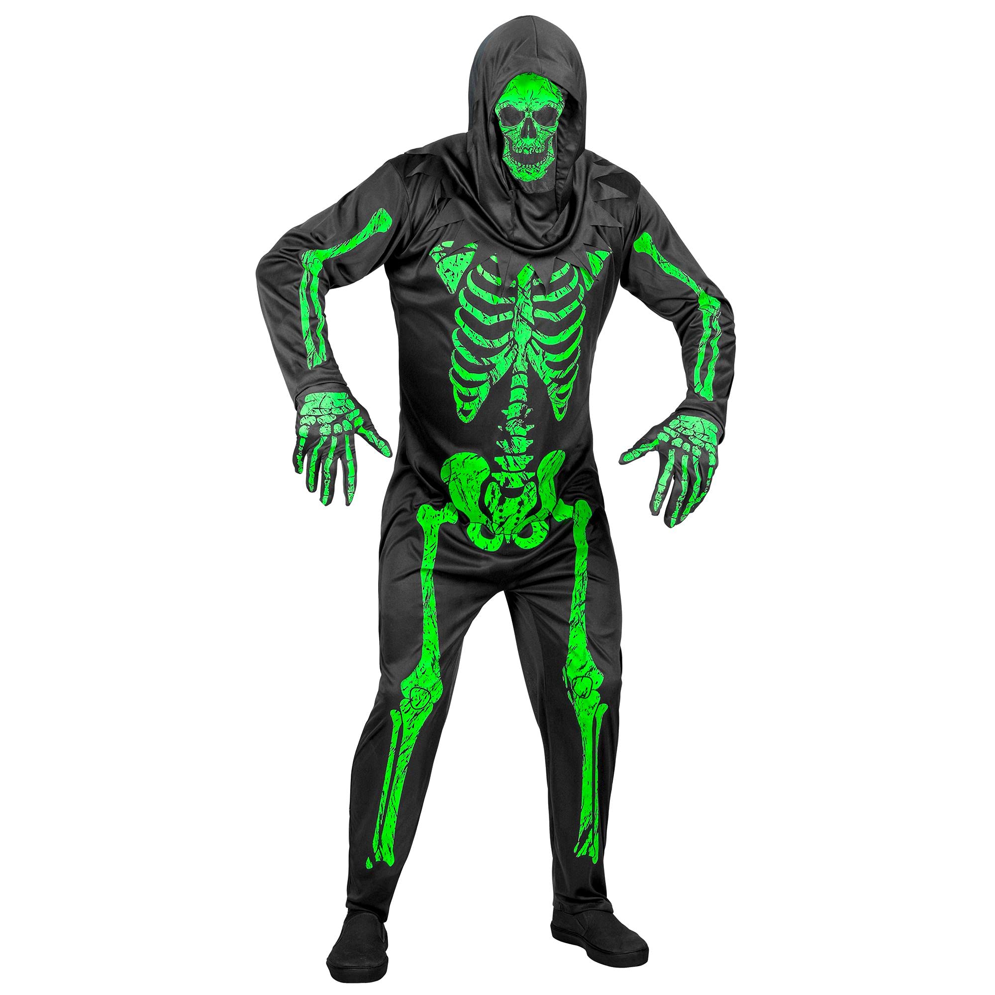 Widmann - Neon skeleton costume, jumpsuit, gloves, mask, Halloween, carnival, theme party