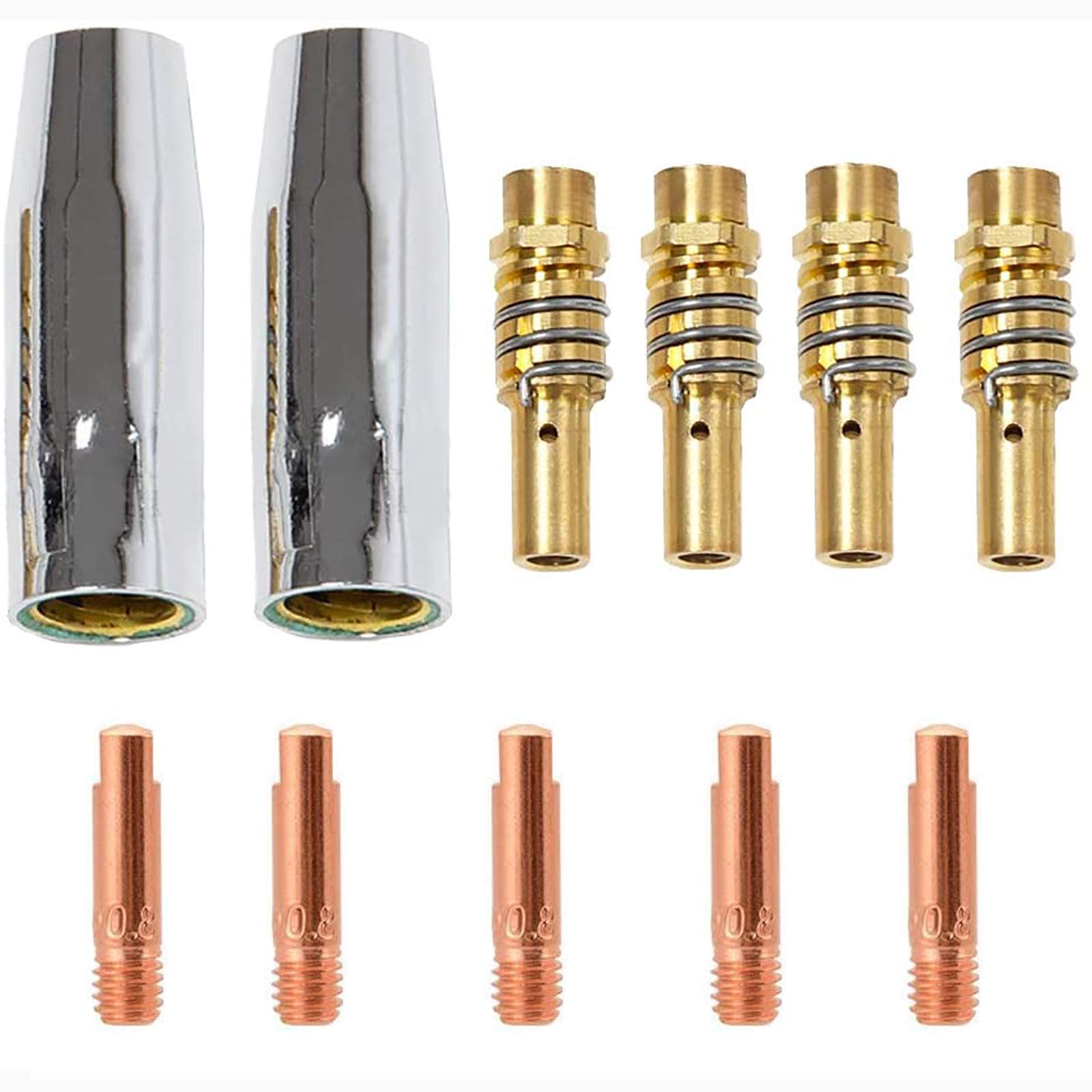 11 PCS Nozzles Contact Tips Holder, Welding Torch Accessories Kit 2pcs Nozzles, 5pcs Contact Tips and 4pcs 0.8mm M6 Tips Holder Difuser Shield Cup Torch Neck for MB 15AK MIG Welding Torch