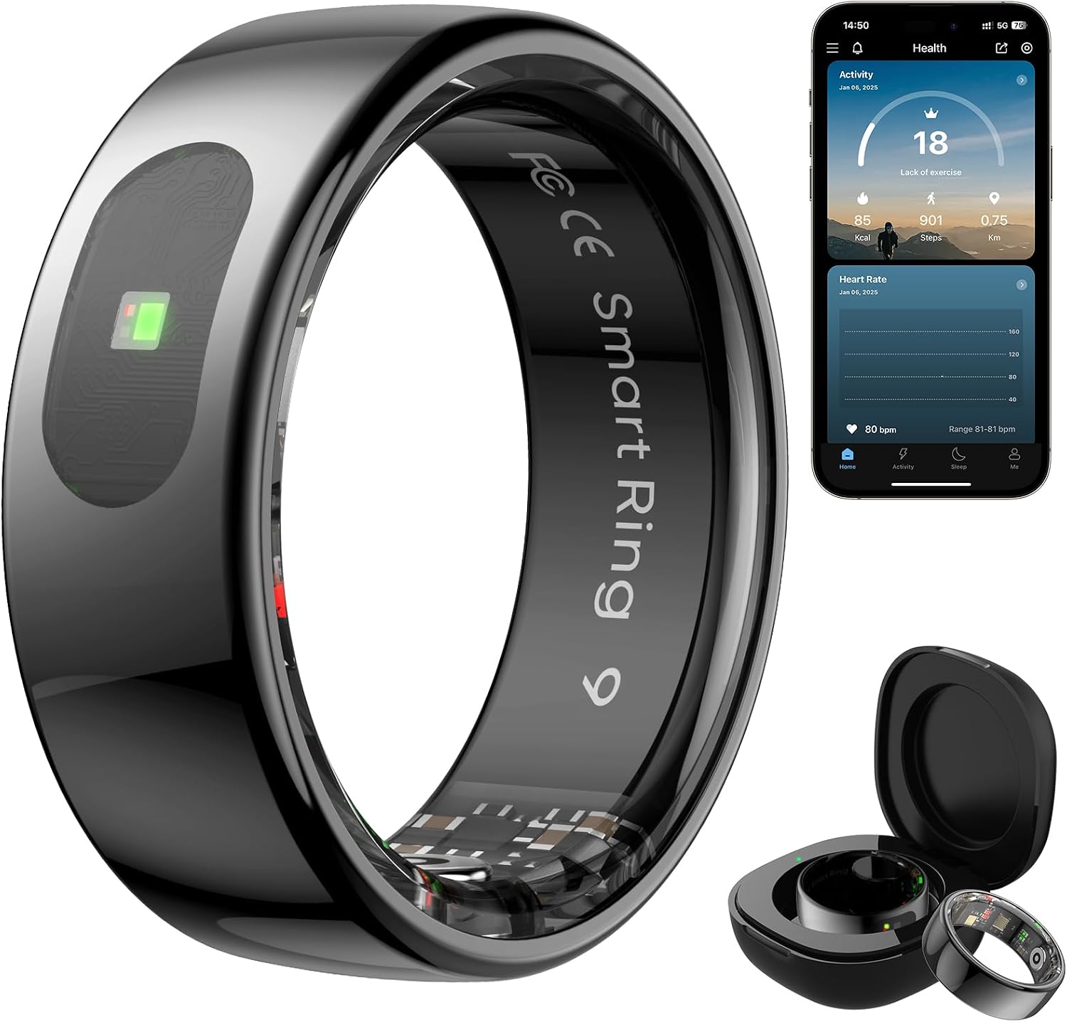 Smart Ring for Women & Men - Touch Control Health Tracker with Skin Temperature Monitoring, Sleep, Step & Exercise Tracking, Music & Video Control (Black, 9)