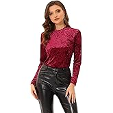 Allegra K Casual Velvet Top for Women's Soft Vintage Crew Neck Long Sleeve Christmas T-Shirt