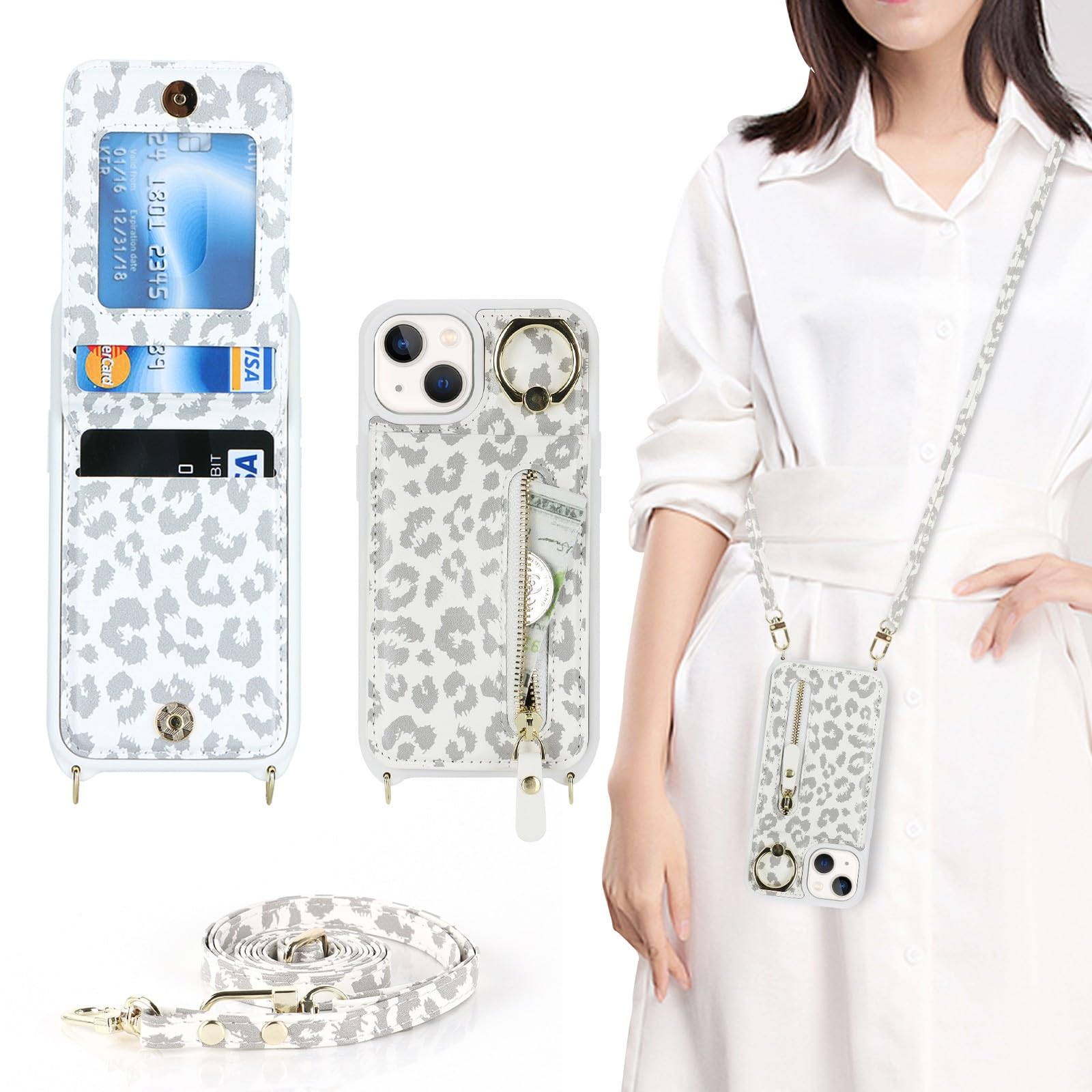 Zouzt for iPhone 13 Mini Case with Cord and Card Holde, Zipper Wallet Case with Crossbody Lanyard Ring Adjustable Necklace Protective Cover Women for iPhone 13 Mini 5.4 Inch - White Leopard