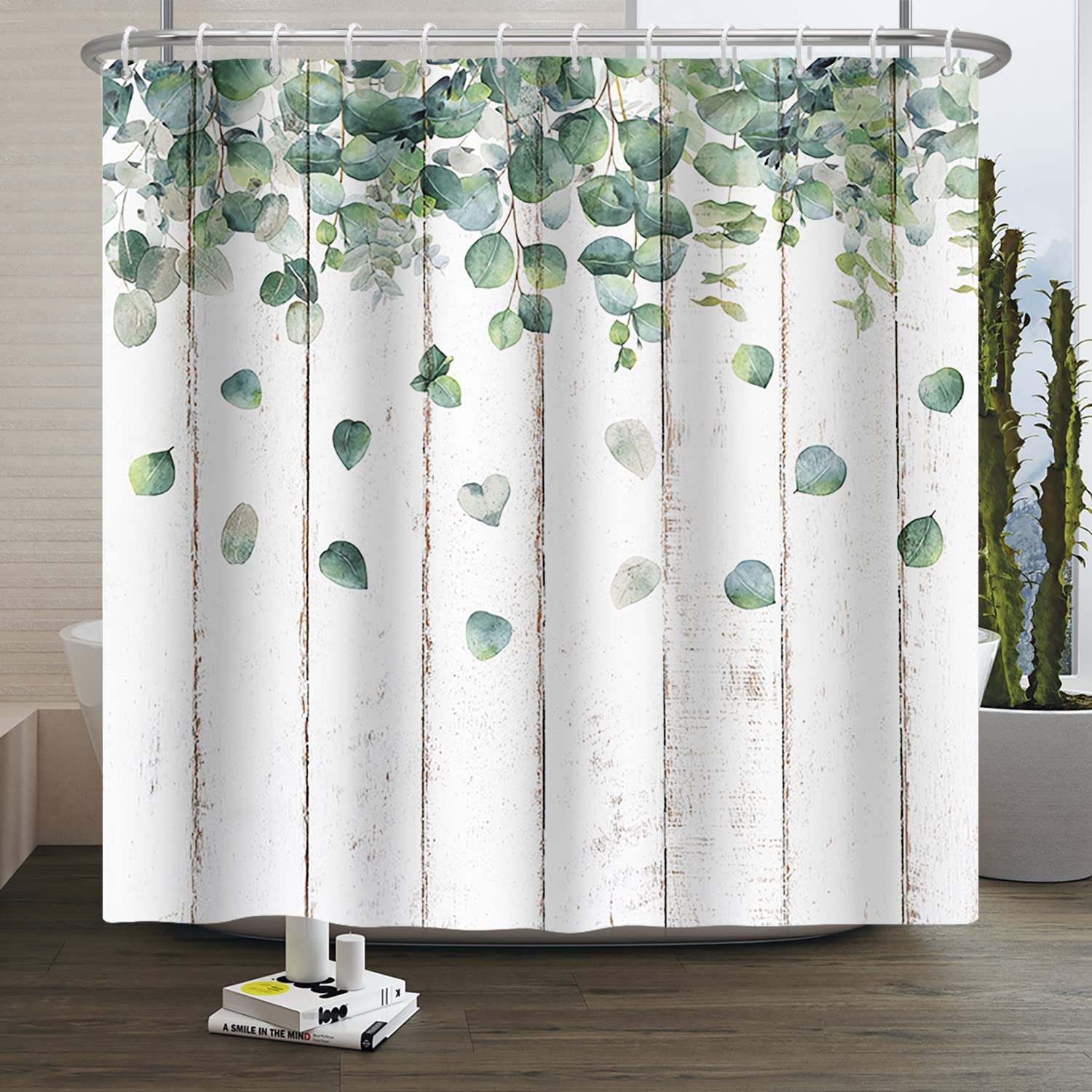 SDOTPMT 152x183cm Eucalyptus Green Leaves Shower Curtain Grey Wooden Plank Floor Natural Botanical Plants Spring Rural Farmhouse Bath Curtain Fabric Polyester Bathroom Curtain With Hooks
