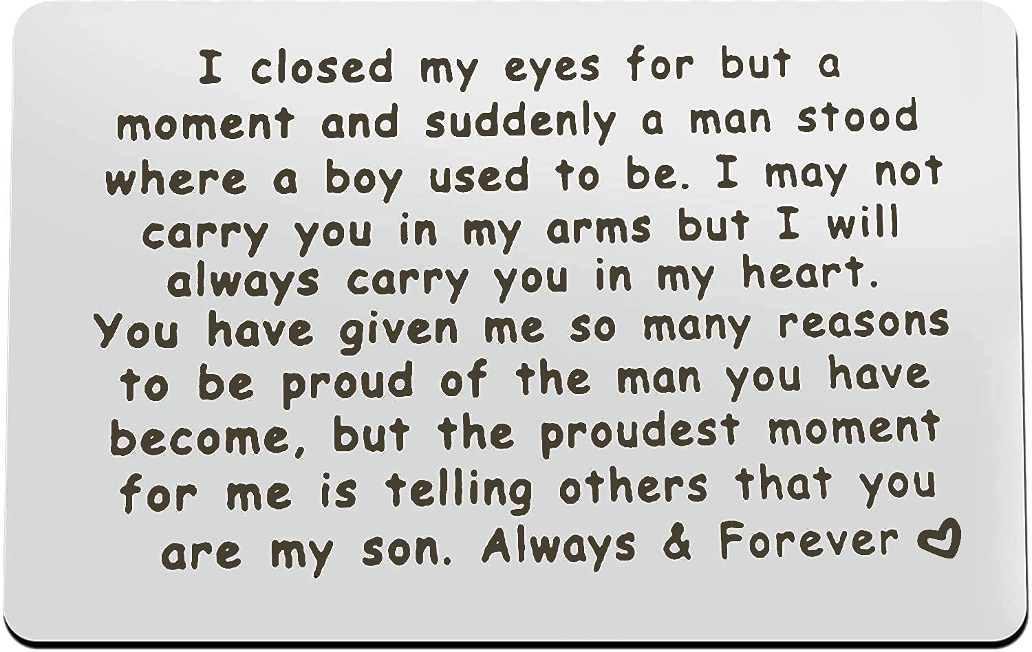 Son Gift from Mum Dad, to My Son Engraved Wallet Card with Mini Love Note, Stainless Steel Proud of Son Gifts, Son Birthday Card, Graduation Gifts, Christmas Deployment Gift for Son