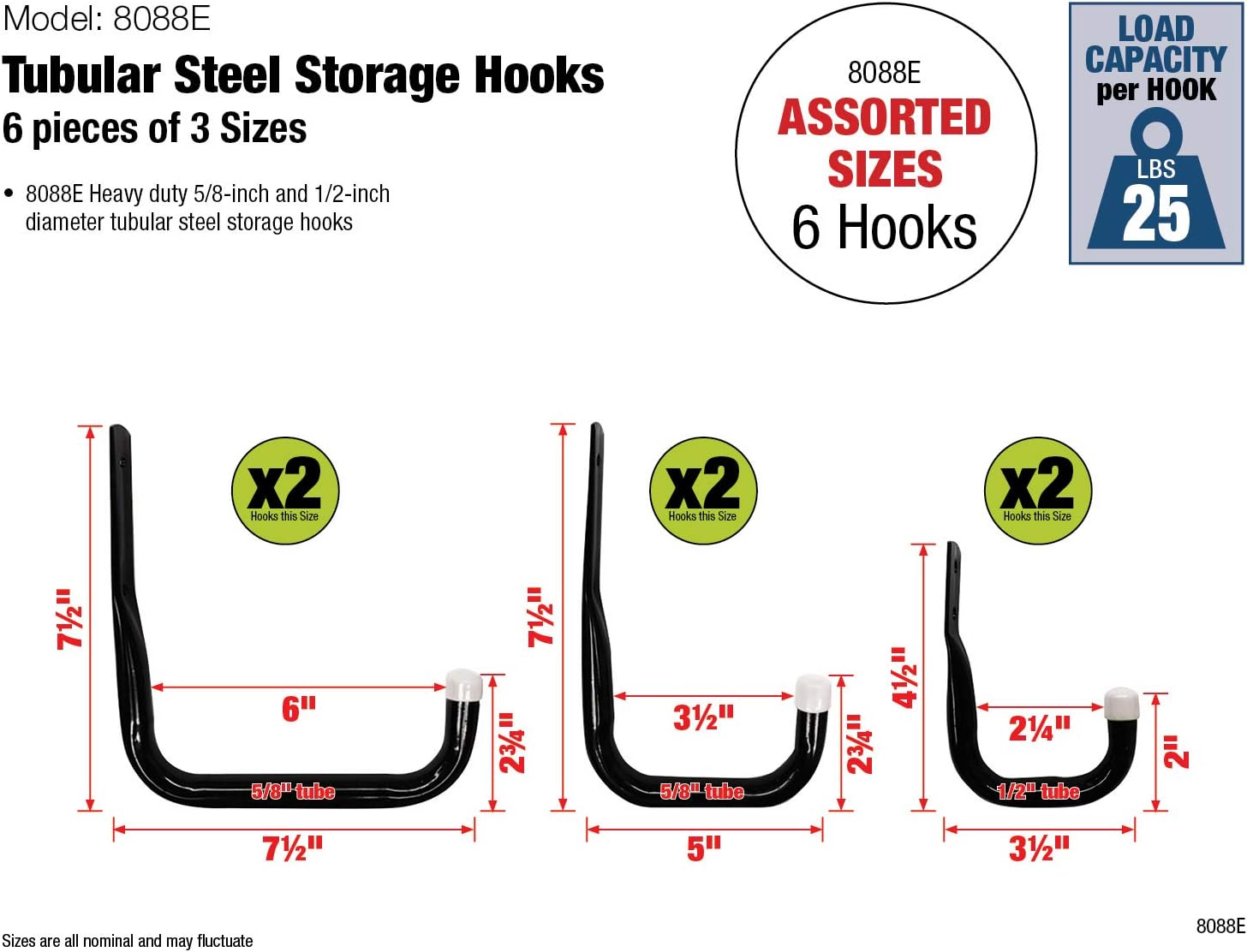 Shepherd Hardware 8088E Heavy Duty Steel Storage/Assorted Utility, 6 Pack Garage Hooks, 3" / 5" / 7" Combo, Black - - 