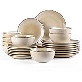 AmorArc Stoneware Dinnerware Sets for 8, 24 Pieces Handpainted Ceramic Plates and Bowls Set, Scratch Resistant Dishes Set, Dishwasher & Microwave Safe, Cappuccino