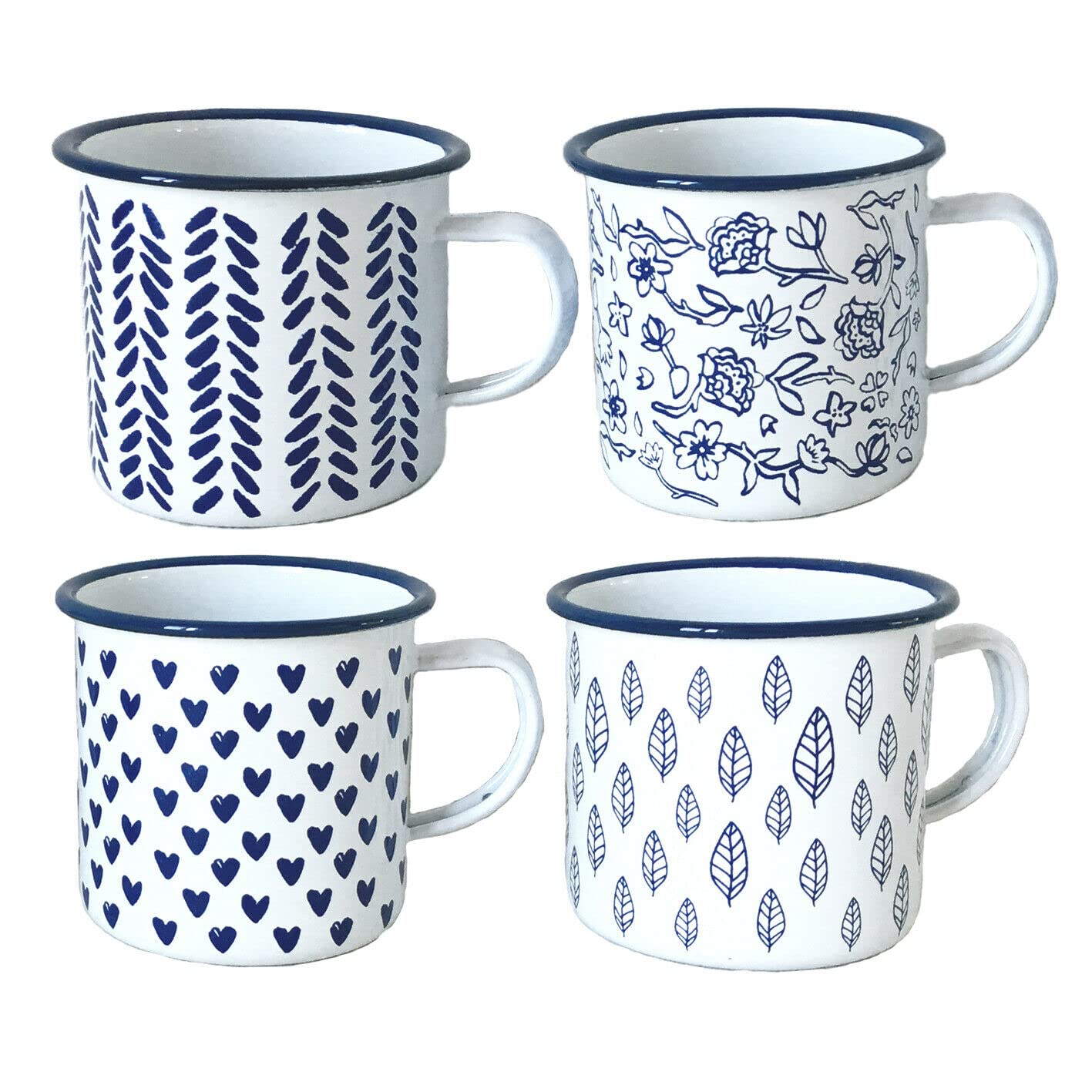 All Chic Enamel Mug Set of 4 Coffee Mug Tea Cup Camping Mug Tin Mugs Enamel Travel Mug Coffee Set Featuring a Blue Floral, Leaf and Heart Design