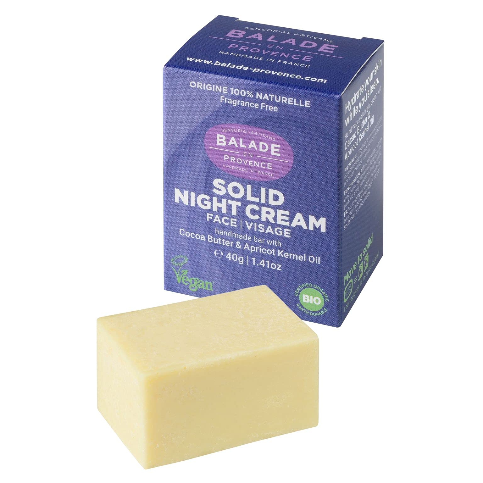 Balade en Provence - Solid Night Cream For Face - 40G. The 1st in the World, Certified Organic by Bio Earth Durable and by Vegan Society. Free Fragrance, Handmade in France, 100% Natural, Cruelty Free