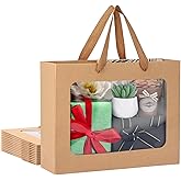 EUSOAR Clear Gift Bag With Window, 12pcs 10.6"x3.1"x8.3" Kraft Brown Transparent Paper Bags Bulk, Bouquet Tote Shopping Bags With Handles for Wedding Festival Bridal Party