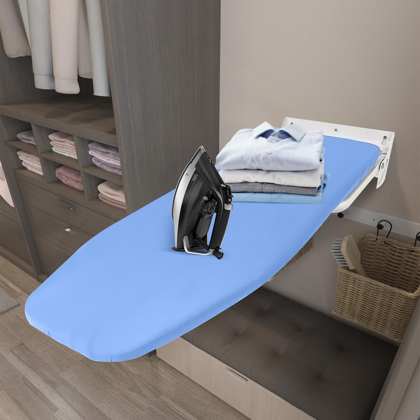 Wall Mounted Ironing Board 38.7 x 12 Inch, 180° Swivel Heavy Duty Ironing Board with Heat Resistant Cover, Space Saving Wall Mount Folding Ironing Boards for Small Spaces Home Laundry Room