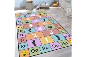 VICIKOIA Kid Hopscotch Play Rug, ABC Alphabet Number Educational Carpet, Playroom Classroom Mat Non-Slip Washable (Pink 31x47 in)