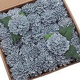 D-Seven Artificial Flowers Dusty Blue Dahlia Flowers 25 pcs Fake Roses w/Stem for DIY Wedding Bouquets Floral Centerpieces Arrangements Baby Shower Cake Flower Decor