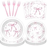 100 Pcs Pink Ribbon Bow Party Supplies Set, Serves 25 – Disposable Paper Plates, Napkins, and Plastic Forks, Coquette-Inspired Bow-Themed Tableware for Birthday, Bridal Shower, Wedding Decorations