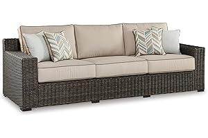 Signature Design by Ashley Coastline Bay Casual Weather Resistant Outdoor Sofa with Cushion and 4 Throw Pillows, Beige & Dark Brown