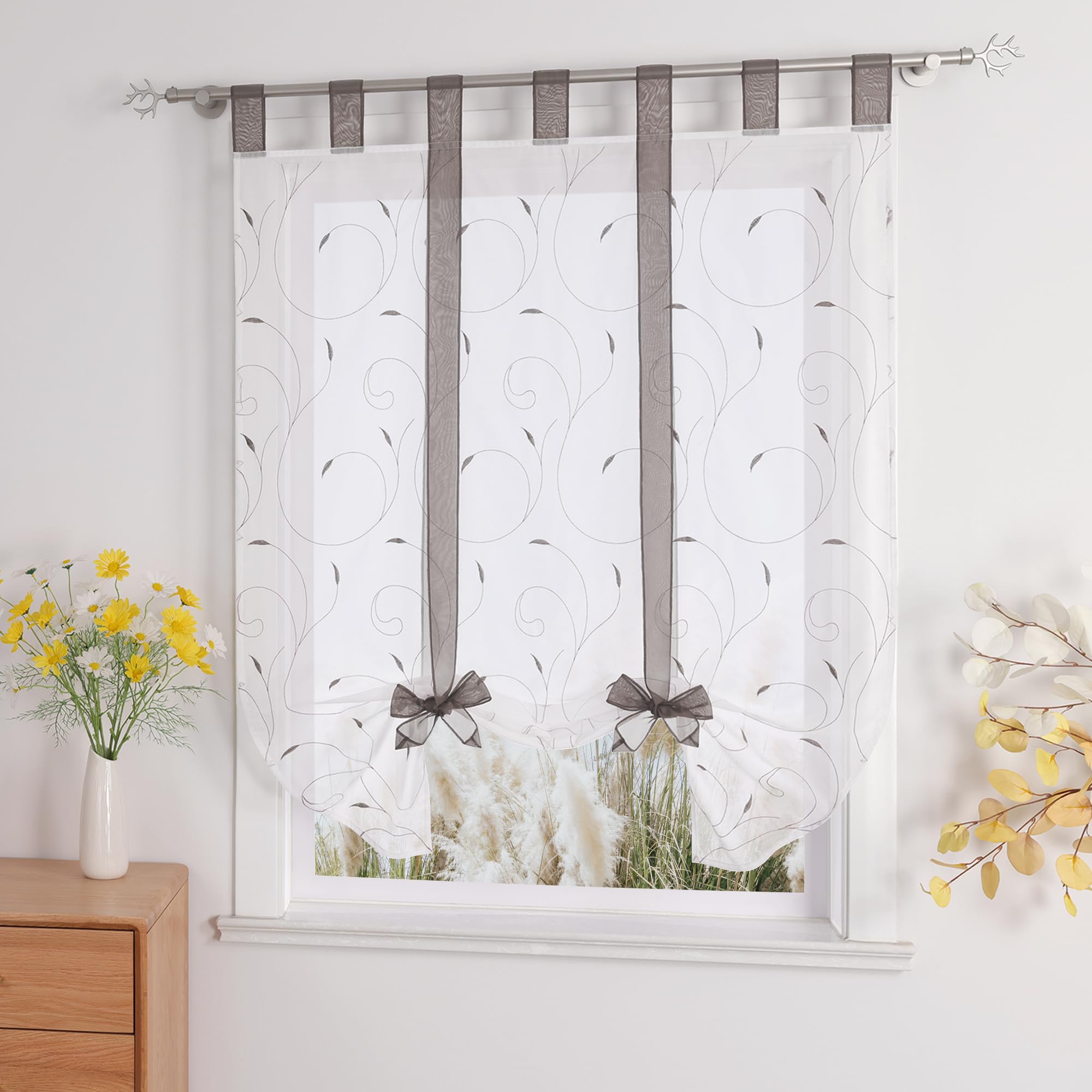 Yujiao Mao Pack of 1 Voile Embroidery Tie Curtain with Loops Roman Blinds White Grey W 140 x H 140 cm