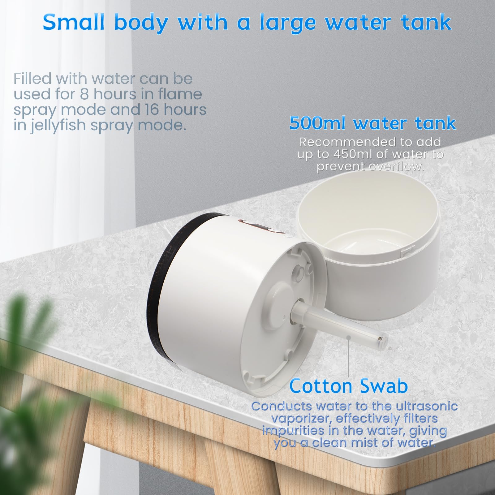 Humidifier, 500ml USB Desktop Cool Mist Air Humidifier with Night Light, Volcano Diffuser, Jellyfish and Flame 2 Mist Modes, Timer Shutdown, for Bedroom Plants Office Home Baby Room Travel