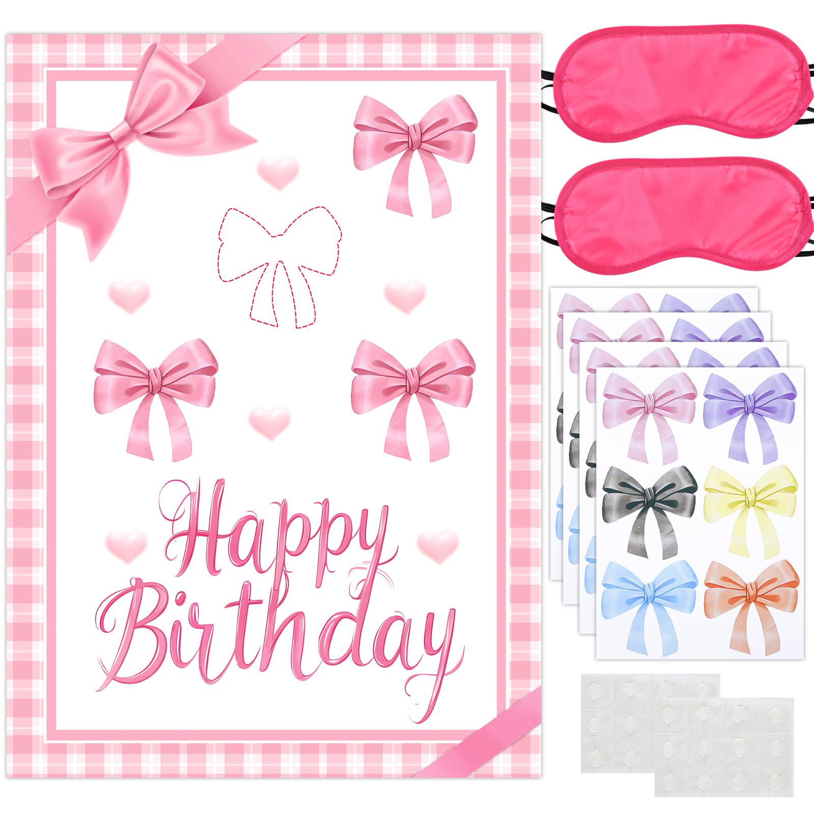 KRUCE Cute Pink Bow Party Decorations, Pin The Bow Sticker on Backdrop Party Game, Large Poster with 24 Pcs Bow Stickers and Eye Patch, Birthday Party Supplies for Girls (Pink)