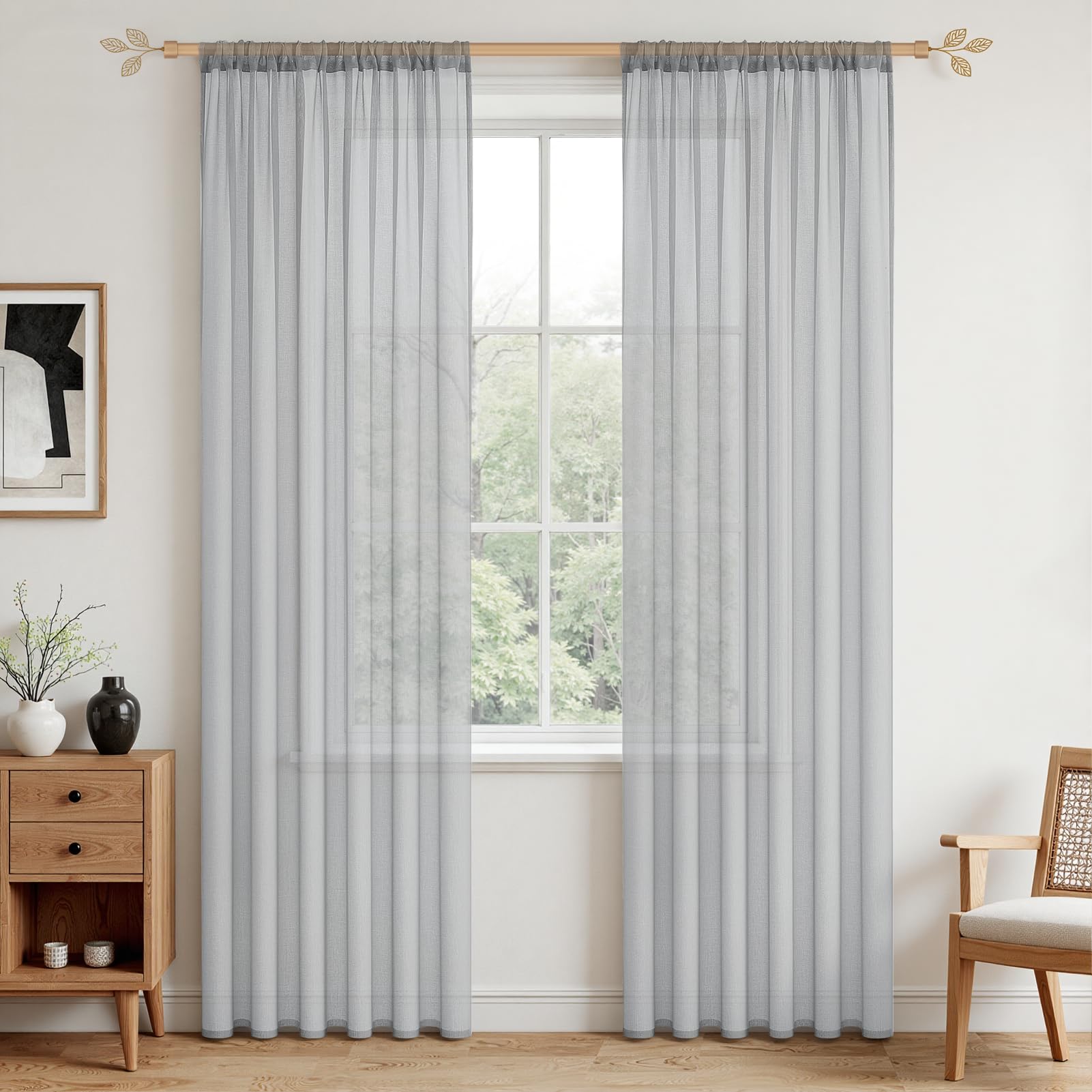 MRTREES Voile Grey Curtains for Bedroom Living Room 88 Drop 2 Panels Faux Linen Rod Pocket Sheer Curtain Panel for Patio Door 55x88 Drop 140cm x 225cm
