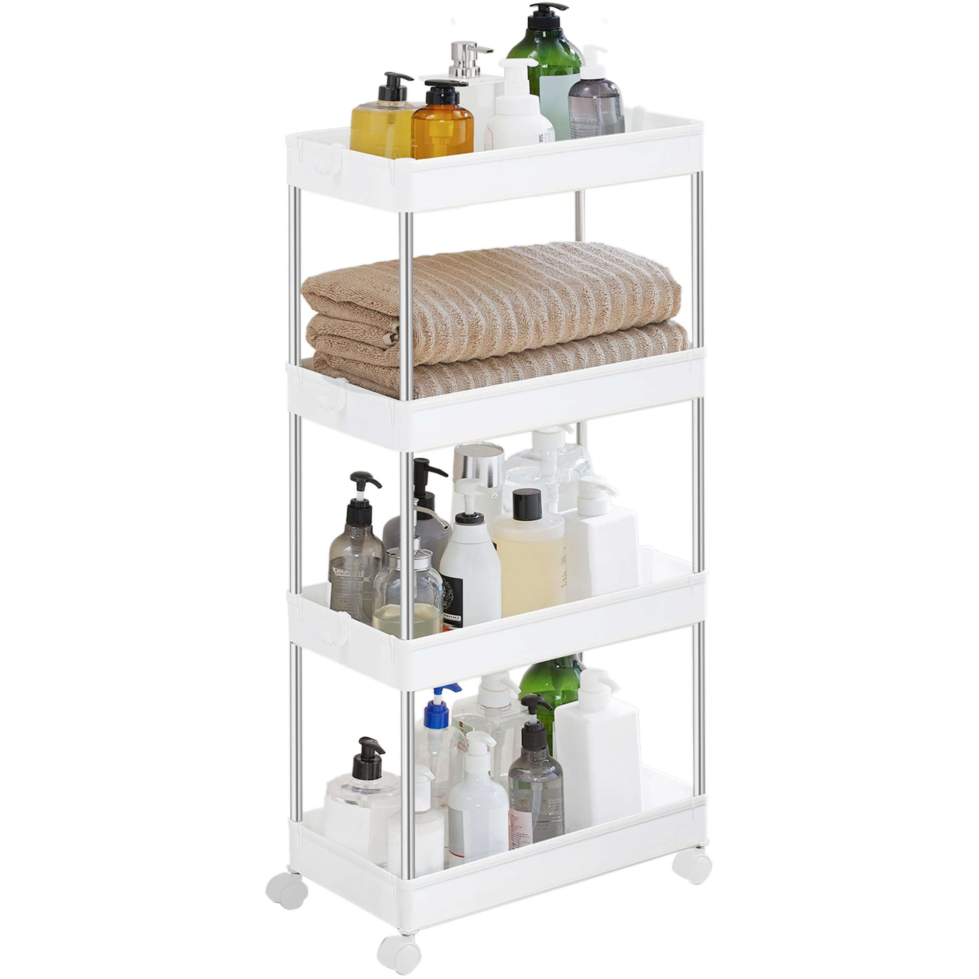 SONGMICS 4-Tier Storage Trolley on Wheels, Plastic Storage Unit, Space-Saving Shelving Organiser for Small Spaces, Bathroom Kitchen, 40 x 22 x 88 cm, White KSC10WT