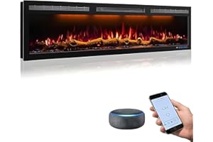 Mystflame WiFi-Enabled Electric Fireplace Recessed & Wall Mounted, 60 Inch Slim Electric Fireplace Heater, 750/1500w, Adjustable Flame Color, Remote Control & Touch Screen, Logs & Crystals, Black