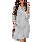 Aoudery Womens Button Down Shirt Dresses with Pockets Striped Cotton Shirts Collared Long Sleeve High Low Blouse Tops