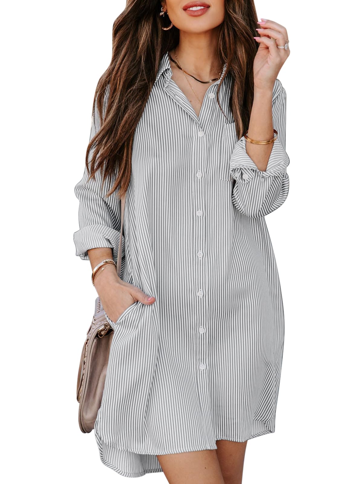 Photo 1 of (SMALL) (USED/FAIR) Aoudery Womens Button Down Shirt Dresses with Pockets Cotton Shirts Collared Tunics Long Sleeve High Low Blouse Tops-Light Gray S