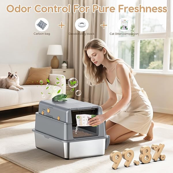 L7 PRO-STAINLESS STEEL LITTER BOX WITH LID, XXL EXTRA LARGE ENCLOSED METAL CAT BOX FOR KITTY&BIG CATS, ODOR CONTROL – CAT LITTER DEODORIZER, HIGH SIDED ENCLOSURE WITH SCOOP & MAT, ANTI-LEAKAGE-GREY