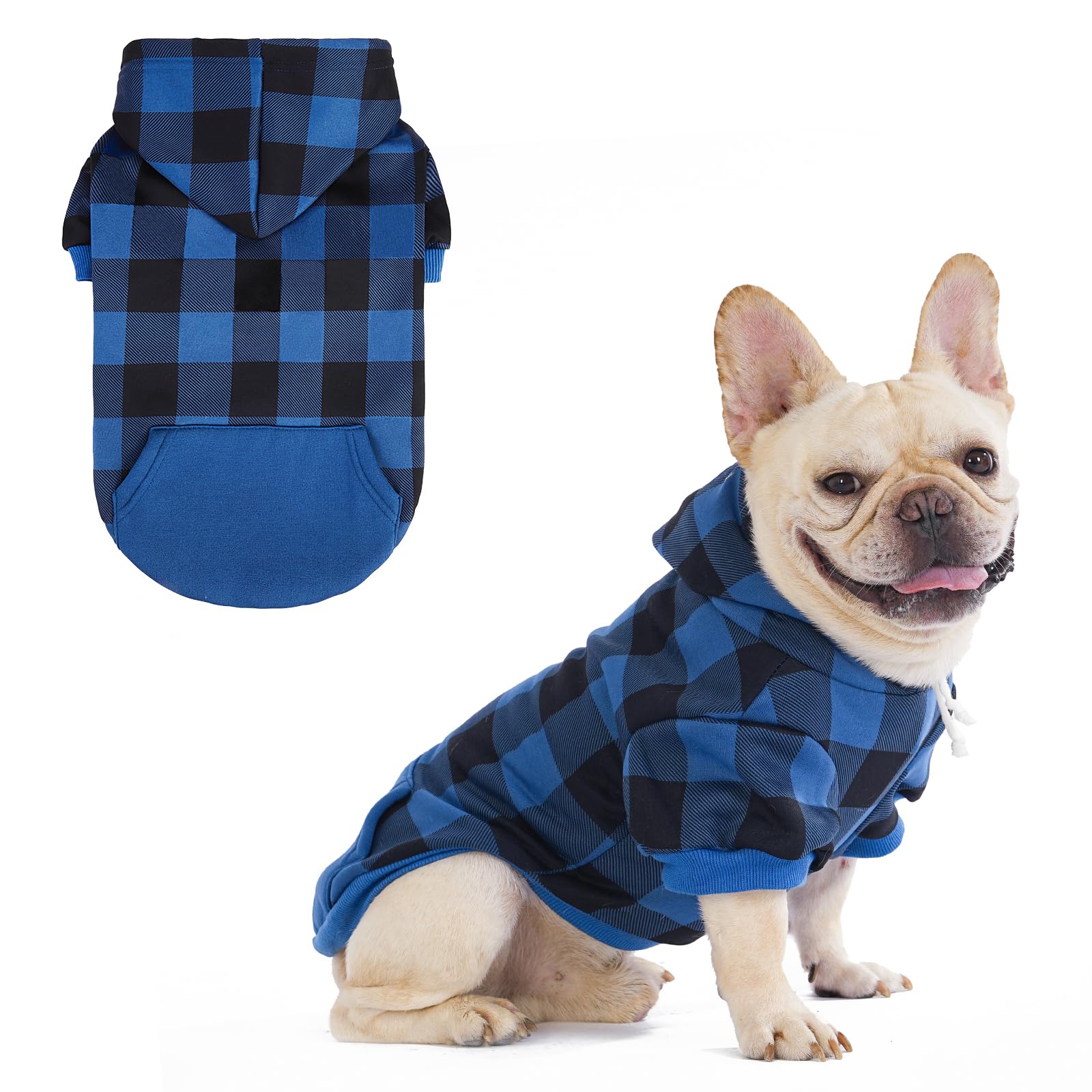 KOOLTAIL Plaid Dog Jumper with Hat and Pocket - Soft Fleece Dog Hoodie, Warm Winter Coat for Small, Medium, Large Dogs - Blue