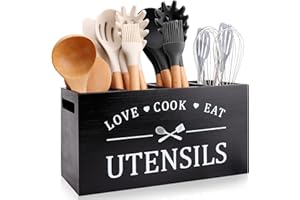 RENAWE Black Farmhouse Utensil Holder for Kitchen Counter Extra Large Cooking Utensil Holder Caddy Utensils Storage Organizer for Countertop Rustic Wood Kitchen Tool Decor Utensil Crock Spatula Holder