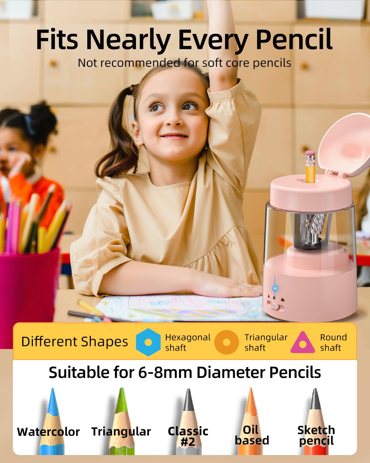 ZMOL Electric Pencil Sharpeners, Colored Pencil Sharpener for Kids, Auto Stop, Rechargeable Pencil Sharpener for Battery Powered Cute No.2/Colored Pencils (6-8mm), Classroom/Office/Home (Pink)