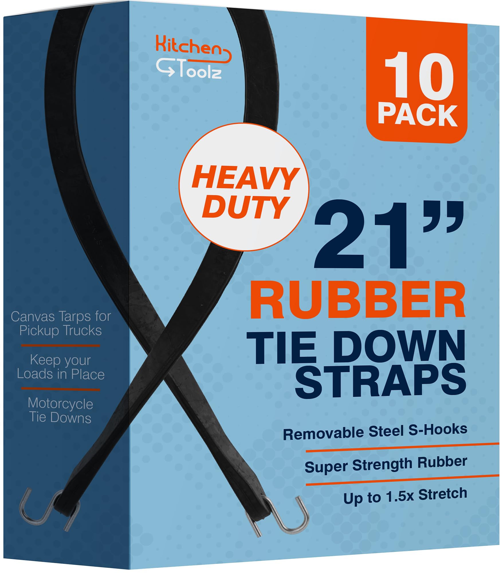 kitchentoolz 10 Pack of - 53 CM Natural Rubber Bungee Cords with Hooks (81 CM Max Stretch) - Heavy-Duty Rubber Tarp Straps, Tarp Tiedown Bungee Straps