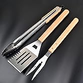 HONSHEN 3 Piece Barbecue Tool Sets,Heavy Duty Stainless Steel and Wooden Handles BBQ Tool Sets,Grill Accessories,Grilling Spatula,Fork,Tongs for Outdoor Grill Cooking (Large BBQ Tools Set-3P)