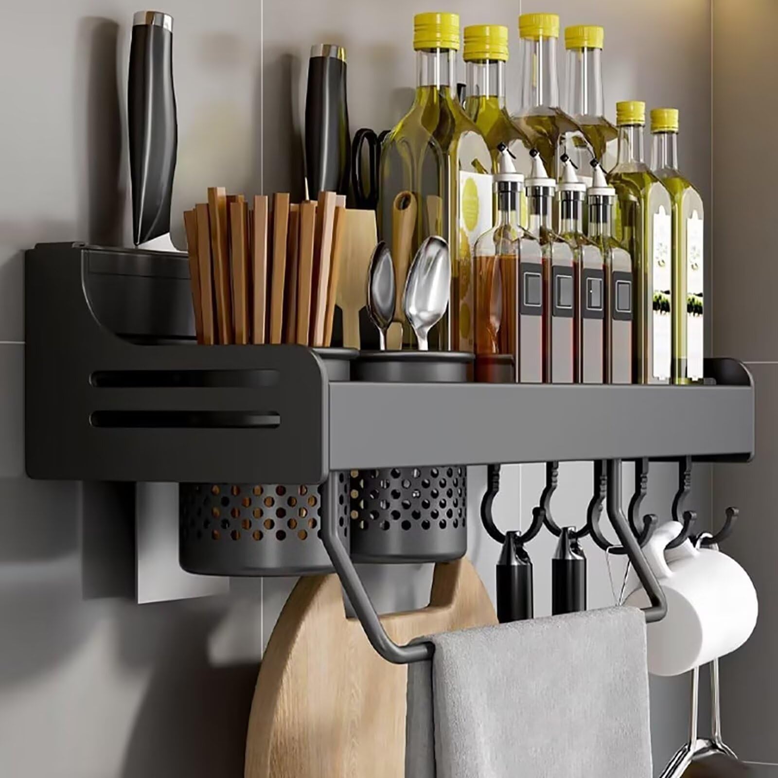 ZOKT Spice Racks - Wall Mounted Holder for Kitchen Utensils, Black, 40cm