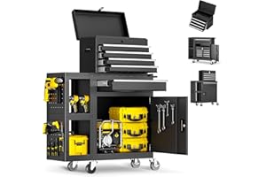 BSMTEK 5-Drawers Rolling Tool Chest with Wheels, Exclusive 3-in-1 Tool Box Combo with Removable 2-Tire Utility Cart, 30% Extra Storage Rolling Tool Cabinet for Garage Workshop, 29”W x 11”D x 41”H