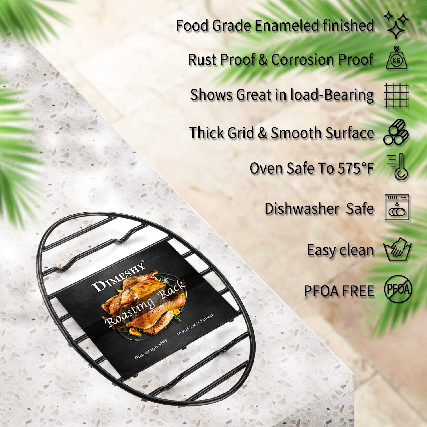 Roasting Rack, Black with Integrated Feet, Enamel Finished, Nonstick, fit for 13 inches oval roasting pan, safety, dishwasher, Great for Basting, Cooking, Drying, Cooling rack.(10”x 6.5”)