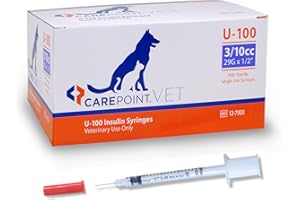 Carepoint Vet U-100 Pet Insulin Syringes, 29G x 1/2" 3/10cc, Comfortable Injection, Bold Permanent Markings for Accurate Dosage, Disposable, Box of 100