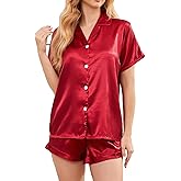 Brezzistaxs Women's Comfy Satin Pajamas - Soft Button-Up Shirt & Ruffled Adjustable Drawstring Shorts - Elegant Sliky Pjs