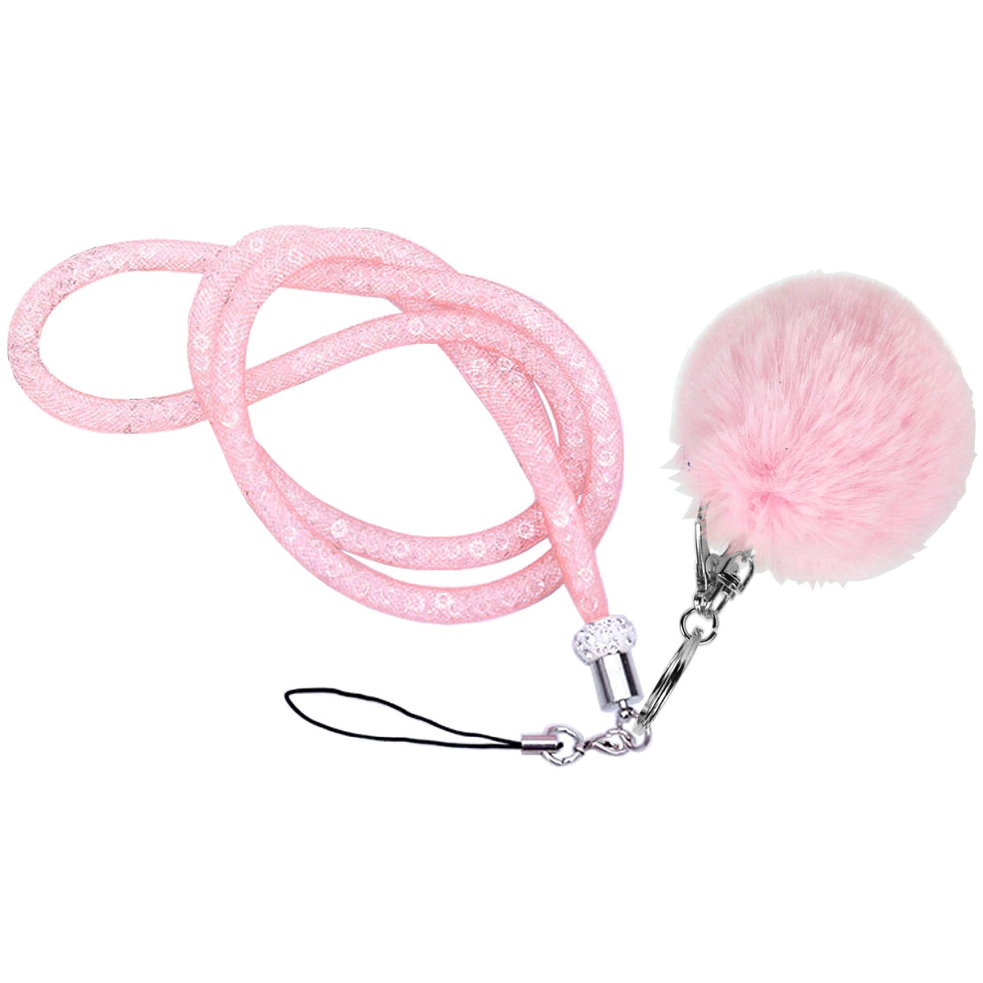 MOTIVE LIFE Lanyard with Pompom and Fishnet Tube Filled with Sparkly Rhinestones,Bling Strap for Phone,Camera,ID Badge and USB Key,Long-Pink