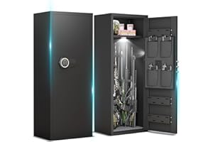 Omethey Gun Safe with Removable Shelf and 3 Magnetic Gun Slots, 10-12 Unassembled Large Gun Safe for Rifles and Pistols, Gun Cabinet with Magnetic Induction Light and Storage Bag
