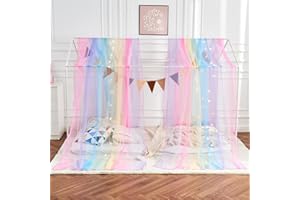 WANFASO Rainbow Bed Canopy for Girls, Sheer Twin Canopy Bed Curtains with Lights, Princess Canopy Scarf for Girls Bed Room Decor (2 Panel)