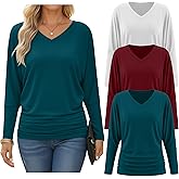 Oakgarden 3 Pack Women's Dolman Long Sleeve Tops Casual Flowy Draped Side Ruched Shirts V Neck Lightweight Bat Wing Basic Tee