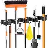 IMILLET Broom Holder Wall Mount,Heavy Duty Garage Organization Broom Hanger | 5 Racks 4 Hooks Stainless Steel Broom and Mop Organizer Wall Hanging Self Adhesive for Laundry Room,Garden,Utility