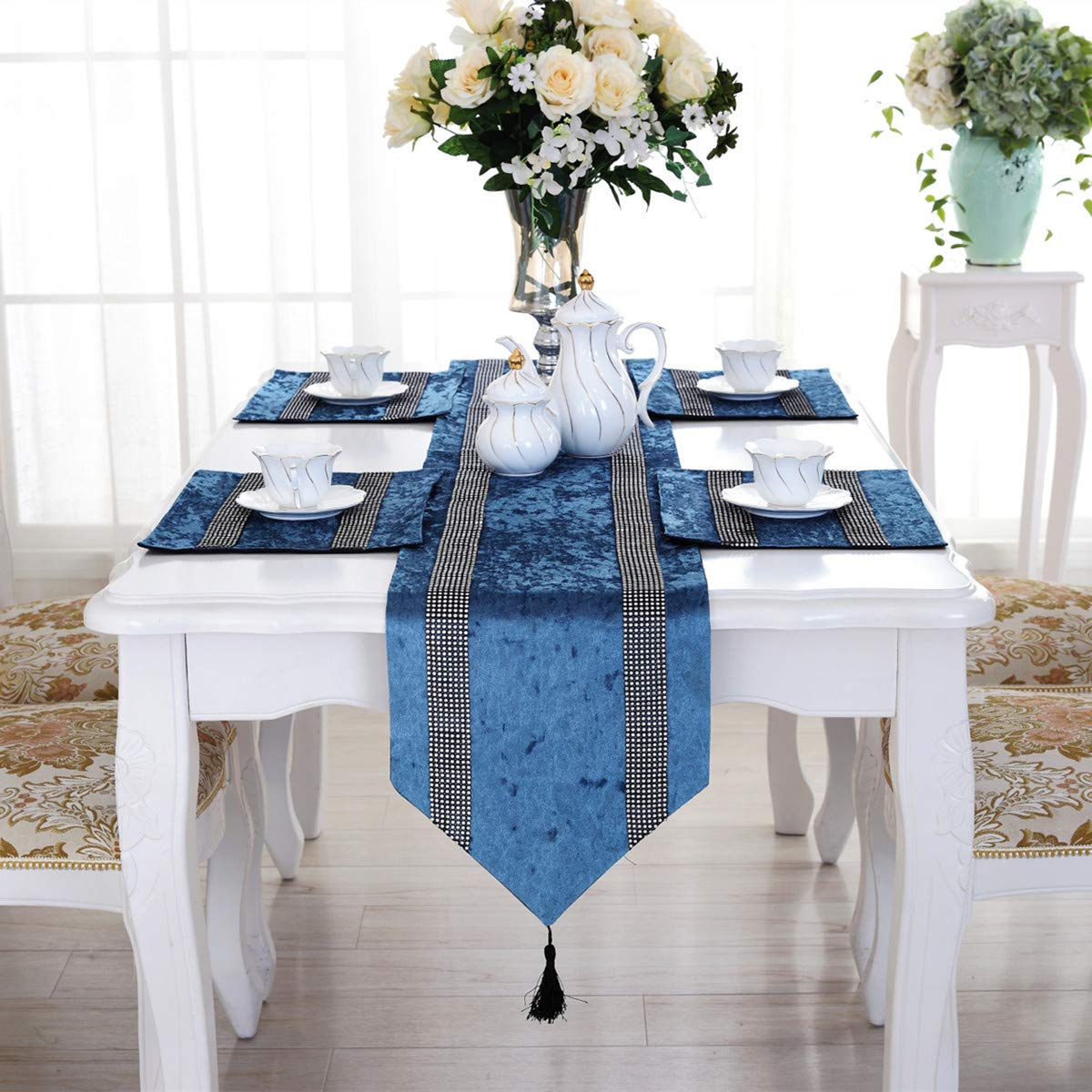 San Tungus 13x84-Inch Blue Rhinestone Table Runner, Sparkly Runner with Tassels for Event/Bridal/Wedding/Birthday Party/Dinner Party