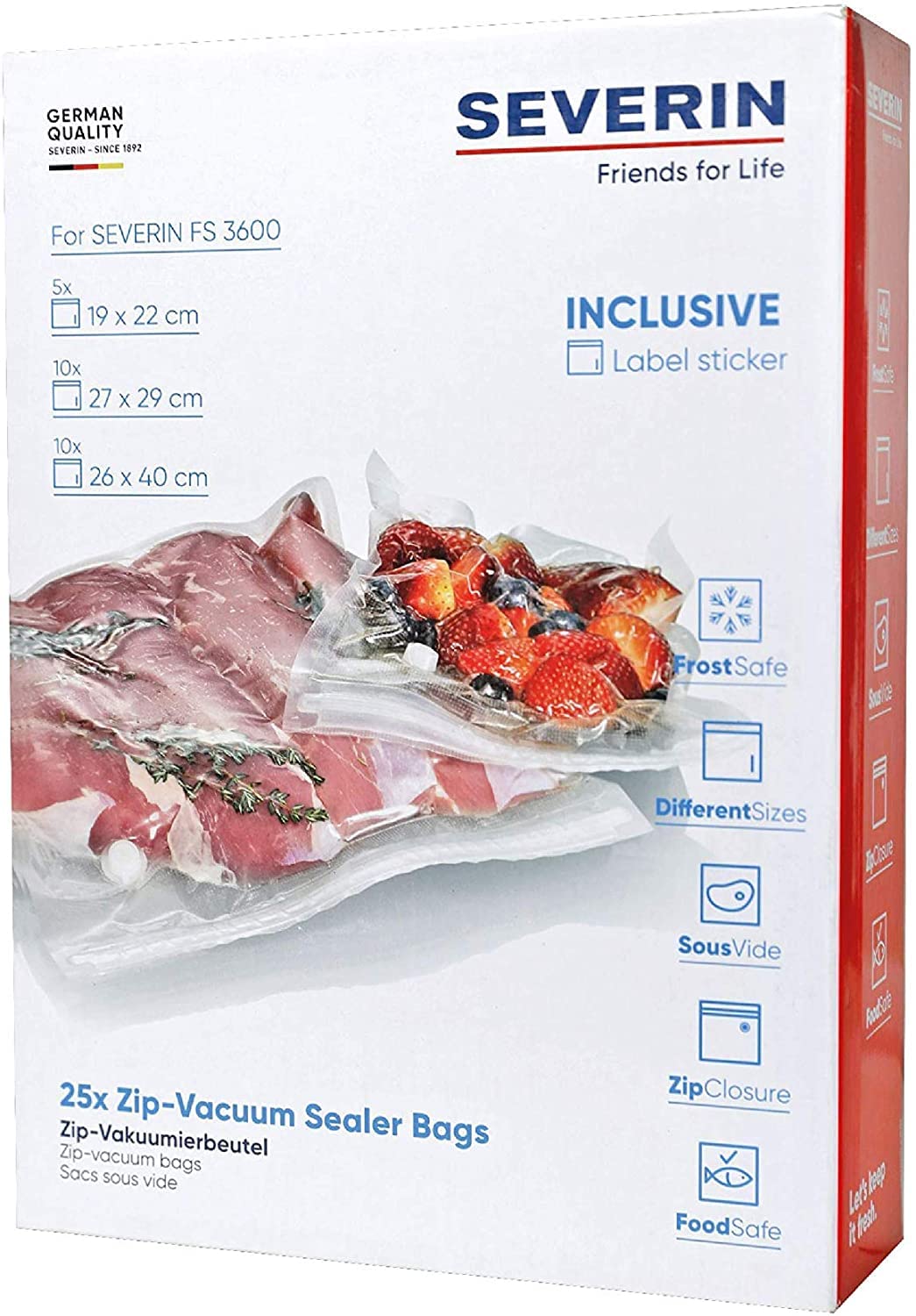 Severin ZB 3619 Box of 25 pieces Zipp Vacuum Bags, mixed sizes 5 pieces 19x22 cm, 10 pieces 27x29 cm, 10 pieces 26x40 cm, for SEVERIN FS 3600 Cordless Sous-Vide Vacuum Stick