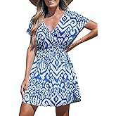 CUPSHE Women's Casual Summer V Neck Beach Dress Short Sleeve Swimsuit Coverup Bohemian Geometric Sundress Blue Medium
