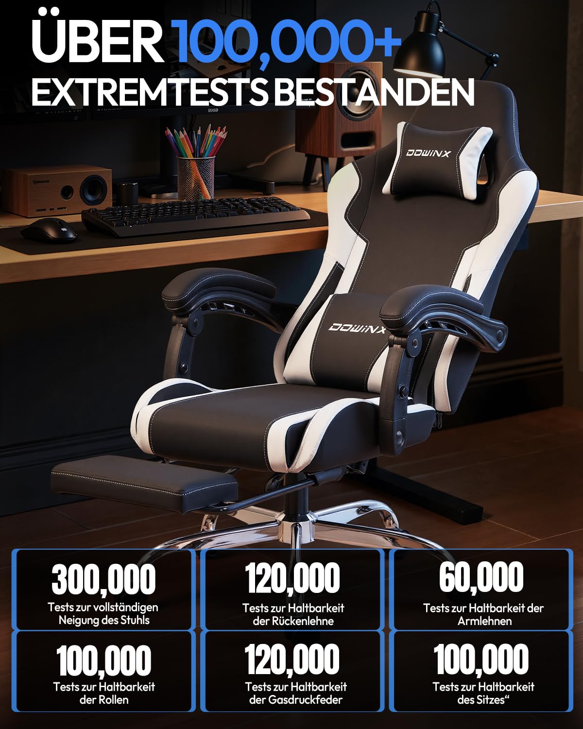 Dowinx Gaming Stuhl Bürostuhl Massage Gaming Sessel mit höhenverstellbaren Linkage-Armlehnen, ergonomischer Gamer Stuhl mit Fußstütze, gepolstert Gaming Chair 150° neigbar bis 180 kg, Weiß 4