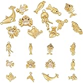 Craftora 12Pcs Mixed Shapes Ocean Theme Charms Brass 18K Gold Plated Fish Charms Cubic Zirconia Starfish Sea Horse Dolphin Crab Pendants with Loop for DIY Jewelry Making Bracelet Necklace