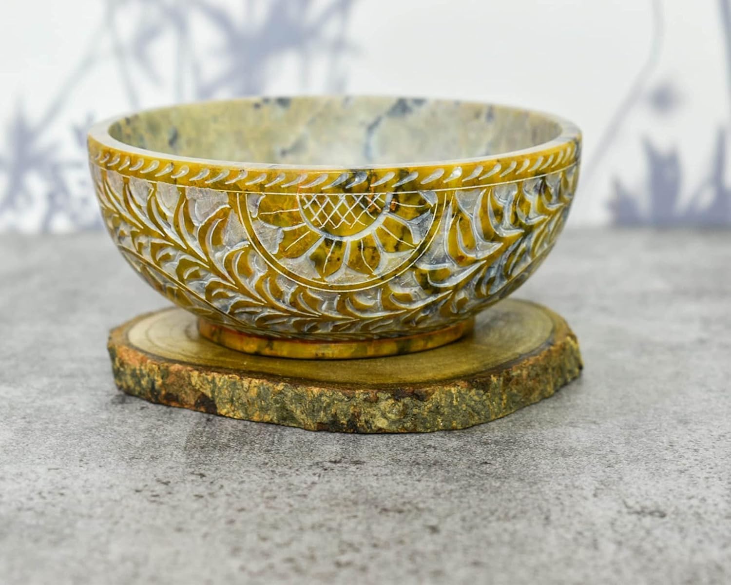 Ajuny Soapstone Scrying and Smudge Bowl Pot Sun Floral Design Handmade Household Kitchen Table Decorative Gift 5 Inch