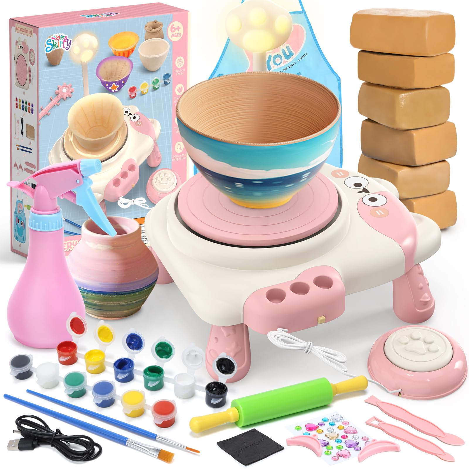 Photo 1 of Skirfy Mini Pottery Wheel Machine Kit for Beginners Kids with Light,Electric Ceramic Wheel with Foot Pedal&Painting Kit, Adjustable Speed,Clay Spinner DIY Tools for Art Craft,Toy for Kids Age 6+